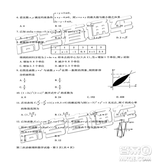 2019年甘肃二诊文理数试题及参考答案