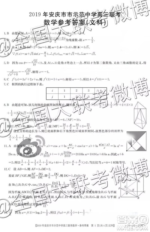 2019年4月安庆市示范中学高三联考文理数参考答案