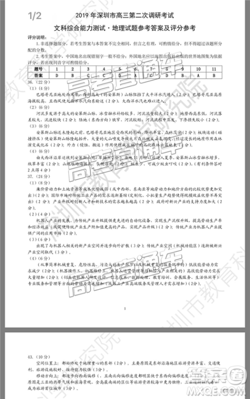 2019年深圳二模文理综试题及参考答案 2019年深圳二模文理综试题及参考答案