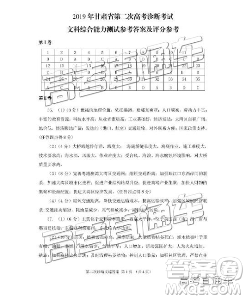2019年甘肃二诊文理综参考答案 2019年甘肃二诊文理综参考答案