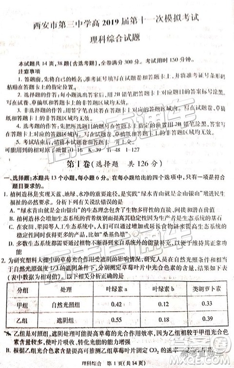 2019年宝鸡三模文理综试题及参考答案