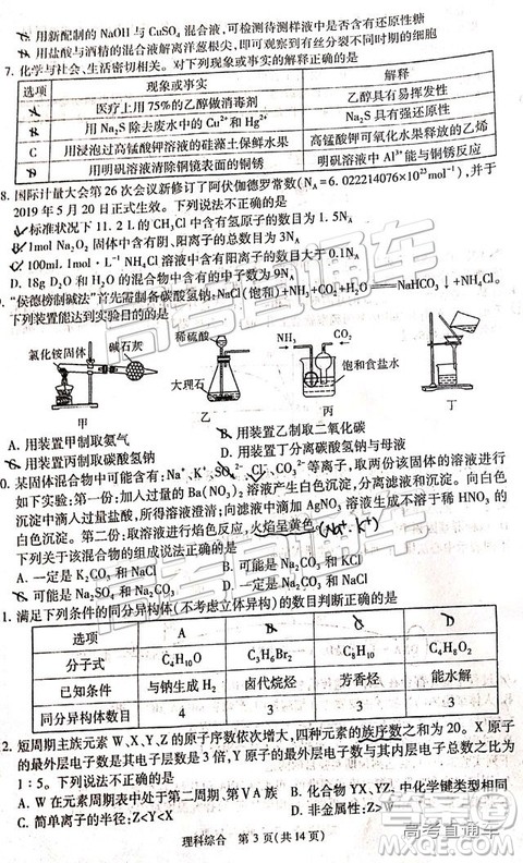 2019年宝鸡三模文理综试题及参考答案
