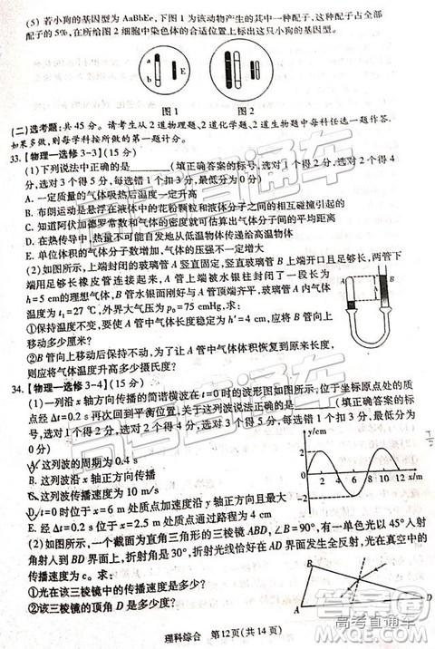 2019年宝鸡三模文理综试题及参考答案