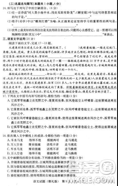 2019年雅礼中学高三第八次月考语文试题及答案