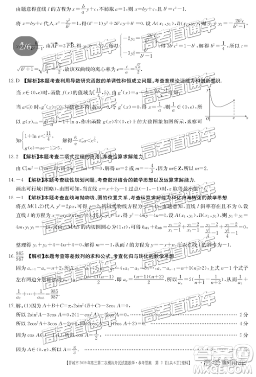 2019年晋城二模文理数试题及参考答案