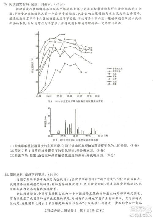 2019年普通高等学校招生全国统一考试押题卷一文综答案