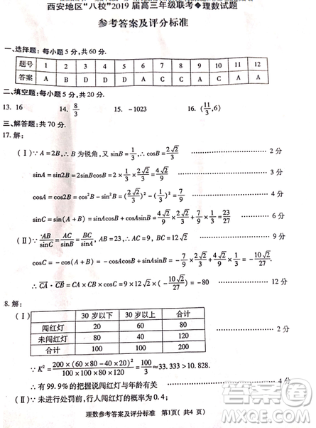 2019年4月陕西省西安地区八校高三联考文理数试题及答案