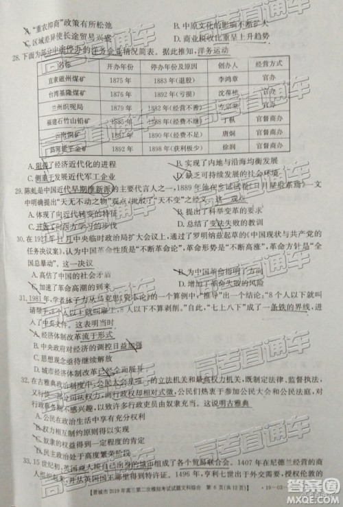 2019晋城二模文综试题及参考答案 2019晋城二模文综试题及参考答案