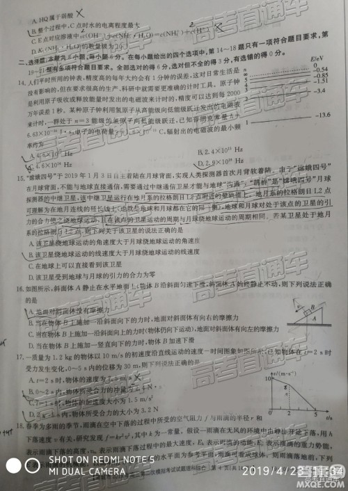 2019年晋城二模理综试题及参考答案 2019年晋城二模理综试题及参考答案