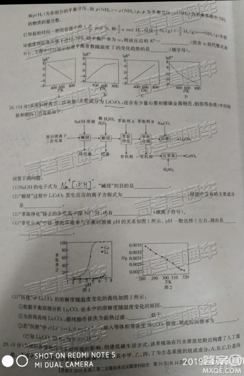 2019年晋城二模理综试题及参考答案