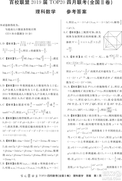 2019百校联盟TOP20四月联考Ⅱ文理数参考答案