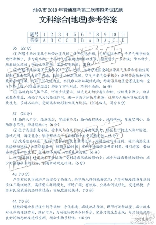 2019汕头二模文理数试题及参考答案 2019汕头二模文理数试题及参考答案