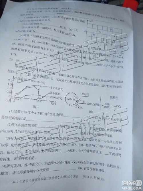 2019年汕头二模理综试题及参考答案
