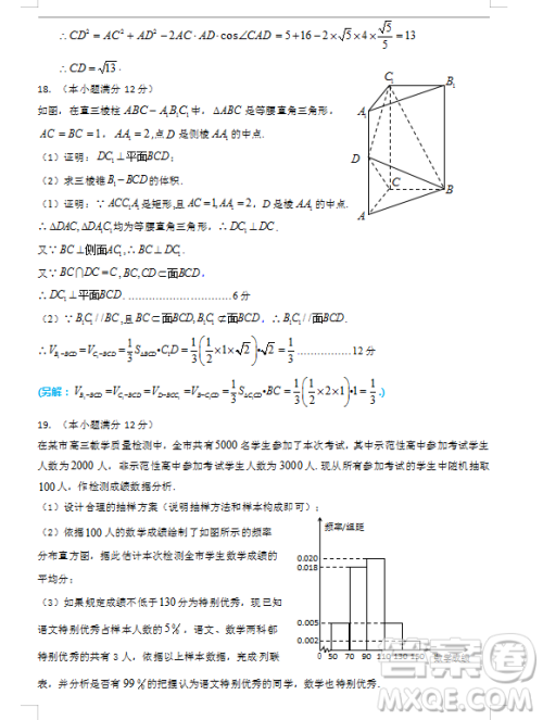 2019年宁夏银川市高三质量检测文理数试题及答案 2019年宁夏银川市高三质量检测文理数试题及答案