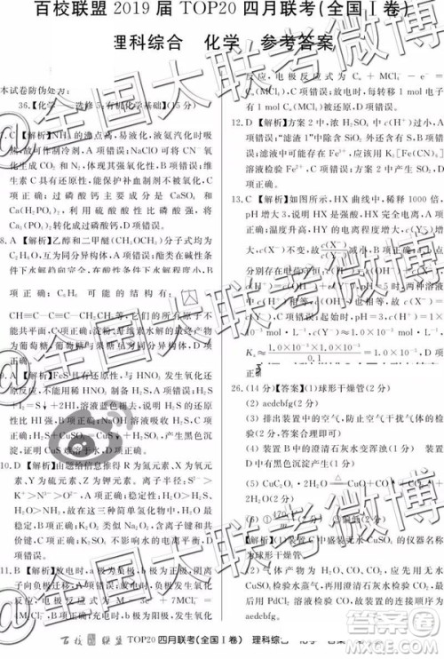 2019年百校联盟TOP20四月联考全国Ⅰ卷文理综参考答案