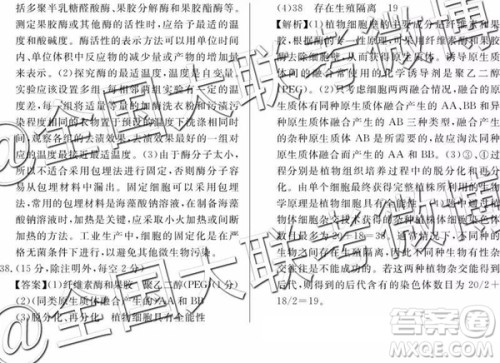 2019年百校联盟TOP20四月联考全国Ⅰ卷文理综参考答案
