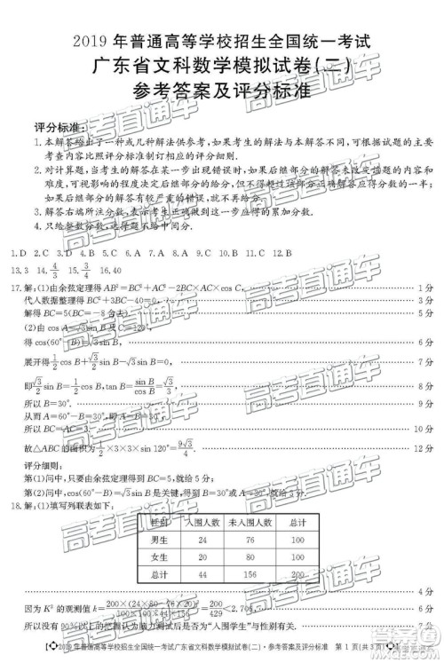 2019年广东二模文理数试题及参考答案