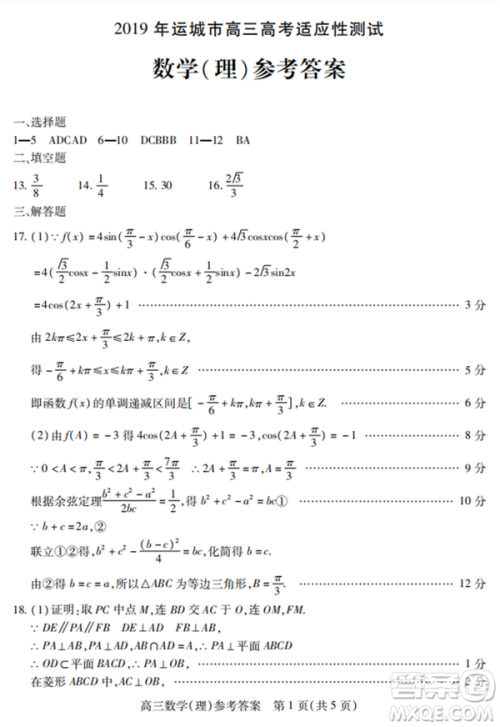 2019年运城市高三高考适应性测试文理数试卷及答案
