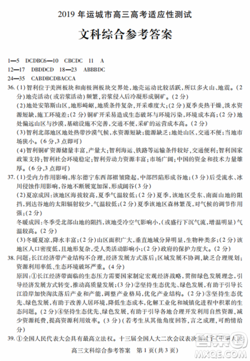 2019年运城市高三高考适应性测试文理综试卷及答案