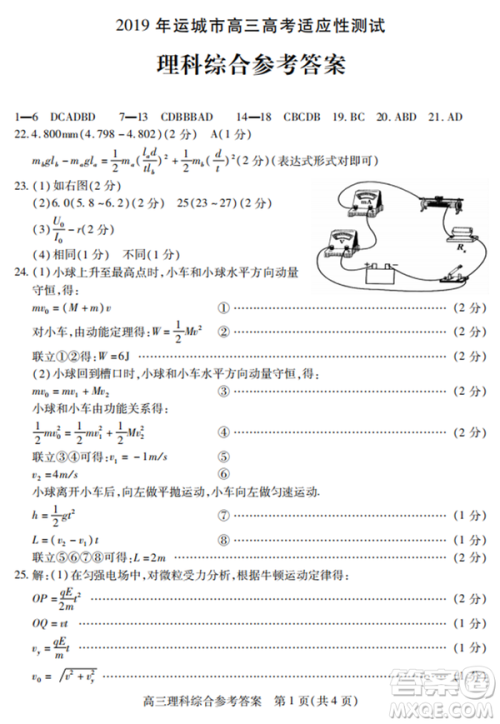 2019年运城市高三高考适应性测试文理综试卷及答案