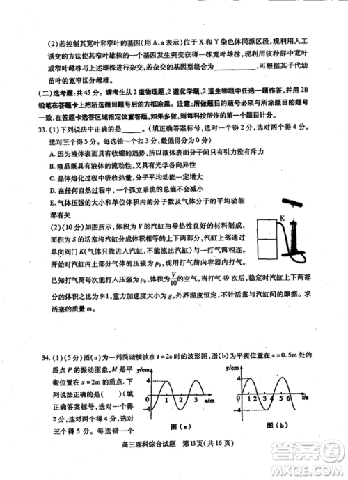 2019年运城市高三高考适应性测试文理综试卷及答案
