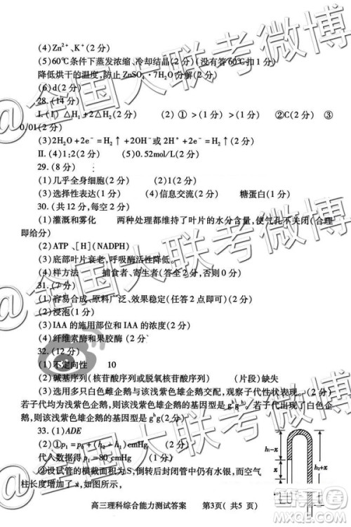 2019年河南省六市高三第二次联考文理综参考答案 2019年河南省六市高三第二次联考文理综参考答案