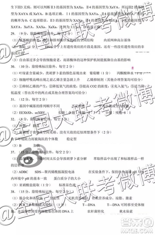 2019年昆明一中高三第七次月考文理综参考答案 2019年昆明一中高三第七次月考文理综参考答案