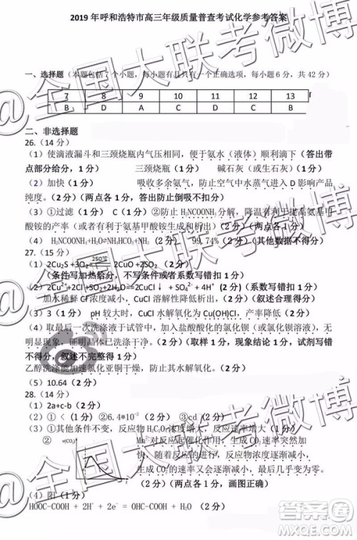 2019年呼和浩特二模文理综参考答案 2019年呼和浩特二模文理综参考答案