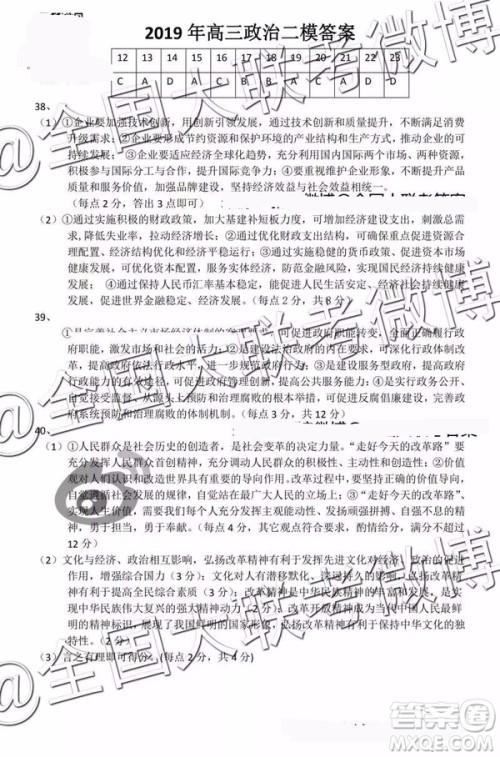 2019年呼和浩特二模文理综参考答案 2019年呼和浩特二模文理综参考答案