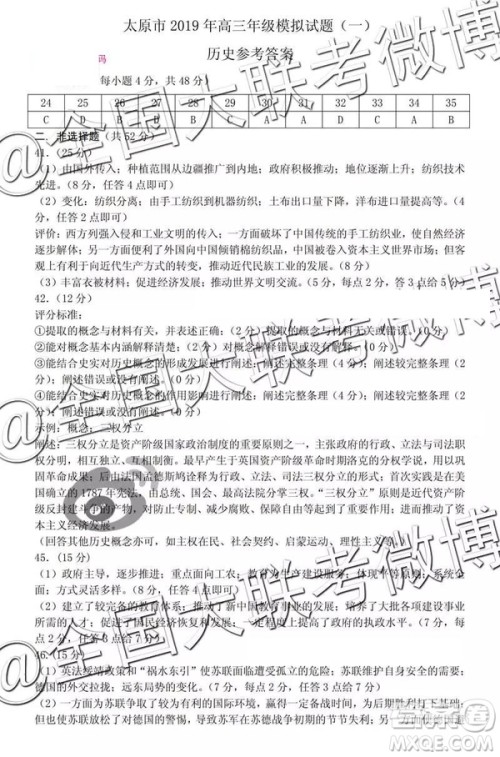 2019年太原一模文理综参考答案 2019年太原一模文理综参考答案