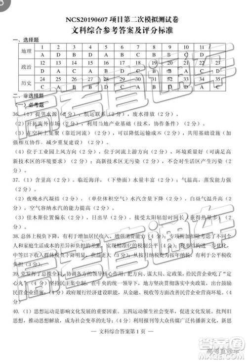 2019年南昌二模文理综试题及参考答案