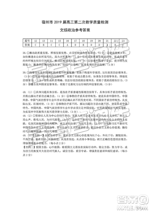 2019年淮北二模文理综试题及参考答案 2019年淮北二模文理综试题及参考答案