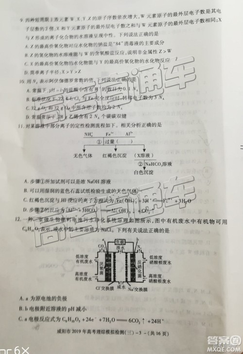 2019年高三咸阳三模文理综试题及参考答案 2019年高三咸阳三模文理综试题及参考答案