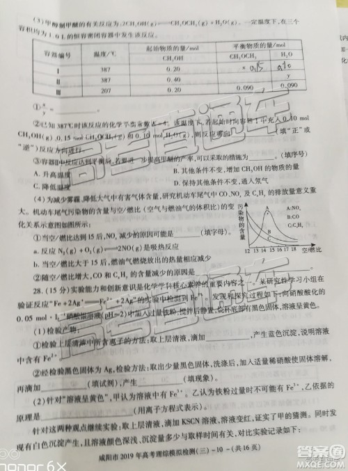 2019年高三咸阳三模文理综试题及参考答案 2019年高三咸阳三模文理综试题及参考答案