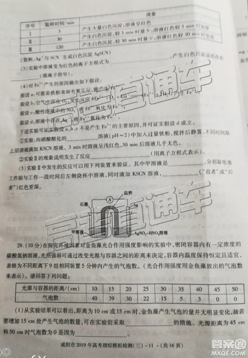 2019年高三咸阳三模文理综试题及参考答案 2019年高三咸阳三模文理综试题及参考答案
