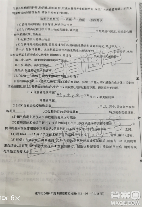 2019年高三咸阳三模文理综试题及参考答案 2019年高三咸阳三模文理综试题及参考答案