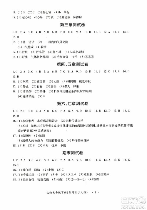 河北少儿版2019年一课一练创新练习七年级下册生物参考答案 河北少儿版2019年一课一练创新练习七年级下册生物参考答案