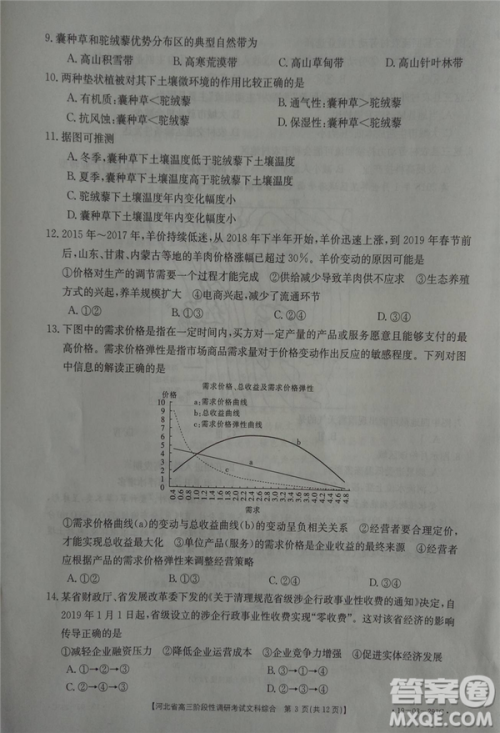 2019年河北省高三阶段性调研考试四月联考文综试题及答案