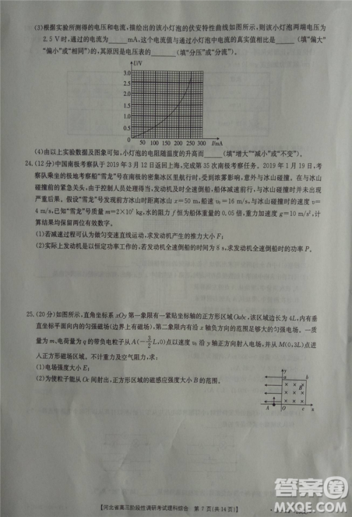 2019年河北省高三阶段性调研考试四月联考理综试题及答案