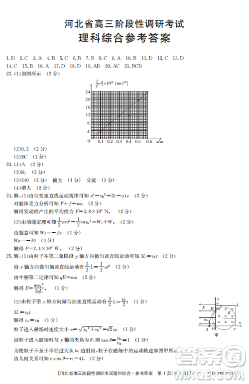 2019年河北省高三阶段性调研考试四月联考理综试题及答案