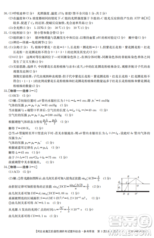 2019年河北省高三阶段性调研考试四月联考理综试题及答案