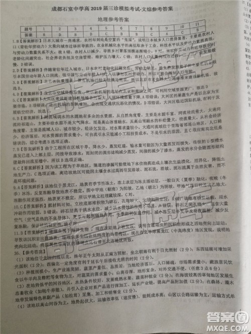 2019年成都石室中学三诊模拟文科综合试题及参考答案 2019年成都石室中学三诊模拟文科综合试题及参考答案