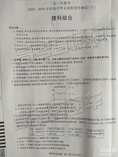 2019年天一大联考高中毕业班阶段性测试六河南H版文理综试题及参考答案