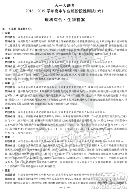 2019年天一大联考高中毕业班阶段性测试六河南H版文理综试题及参考答案 2019年天一大联考高中毕业班阶段性测试六河南H版文理综试题及参考答案