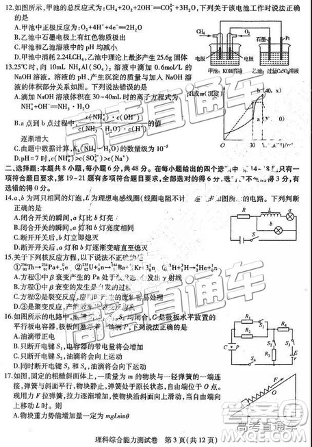 2019年东三省三校三模文理综试题及参考答案