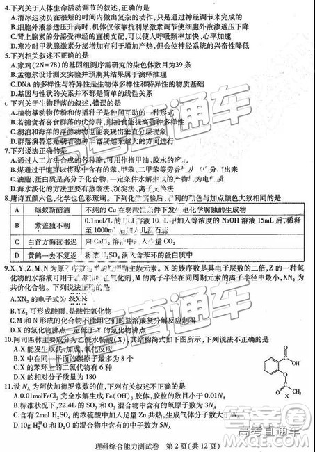 2019年东三省三校三模文理综试题及参考答案