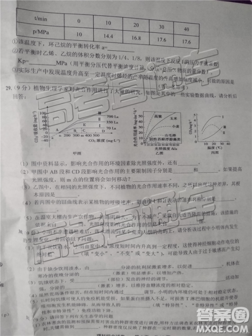 2019年上饶三模文理综试题及参考答案