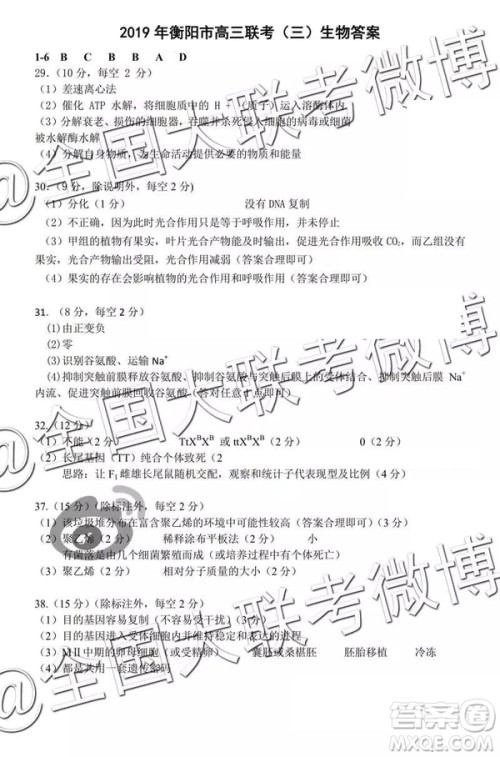 2019年衡阳三模文理综参考答案 2019年衡阳三模文理综参考答案