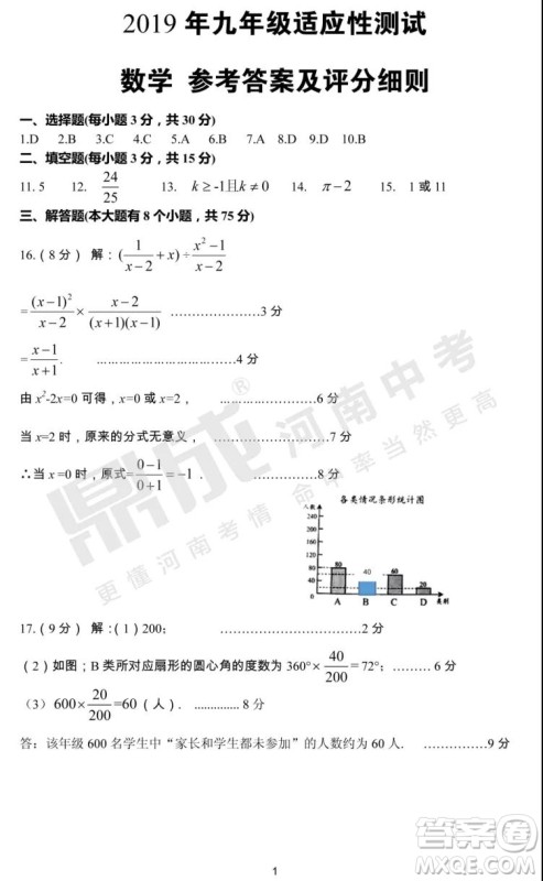 2019年郑州二模数学试题与答案