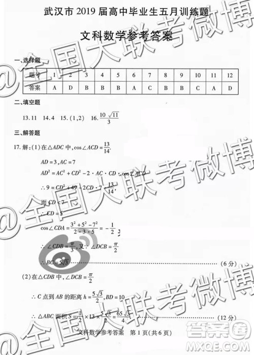 武汉市2019届高中毕业生五月训练题文理数参考答案